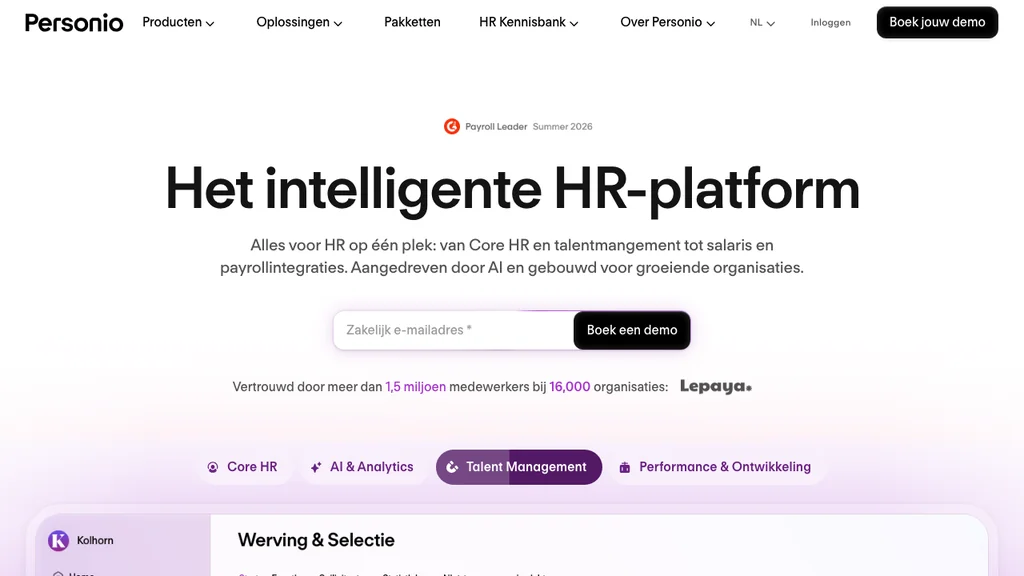 Personio HR software homepage voor compliance management (screenshot juli 2026)