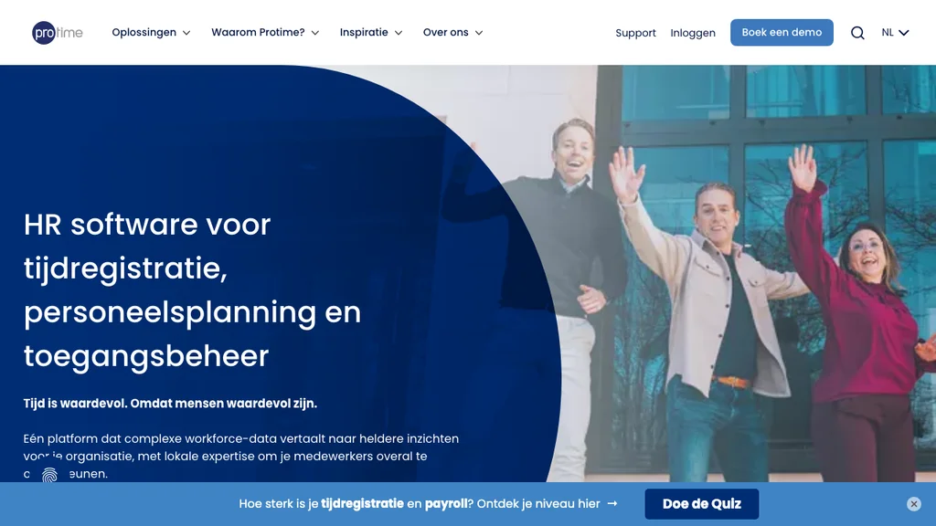 Protime tijdregistratie en HR compliance software homepage (screenshot juli 2026)
