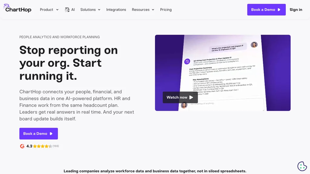 ChartHop org chart and headcount planning analytics homepage (screenshot July 2026)