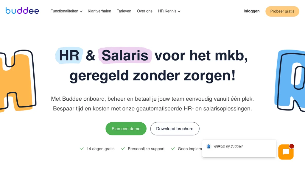 Buddee HRM software homepage (screenshot juli 2026)