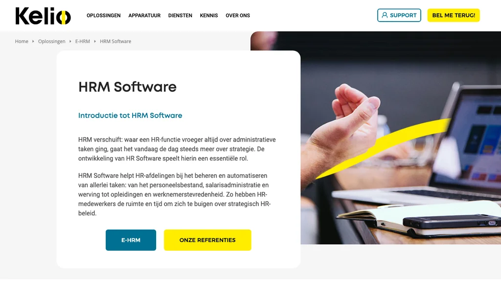 Kelio HRM software homepage (screenshot juli 2026)