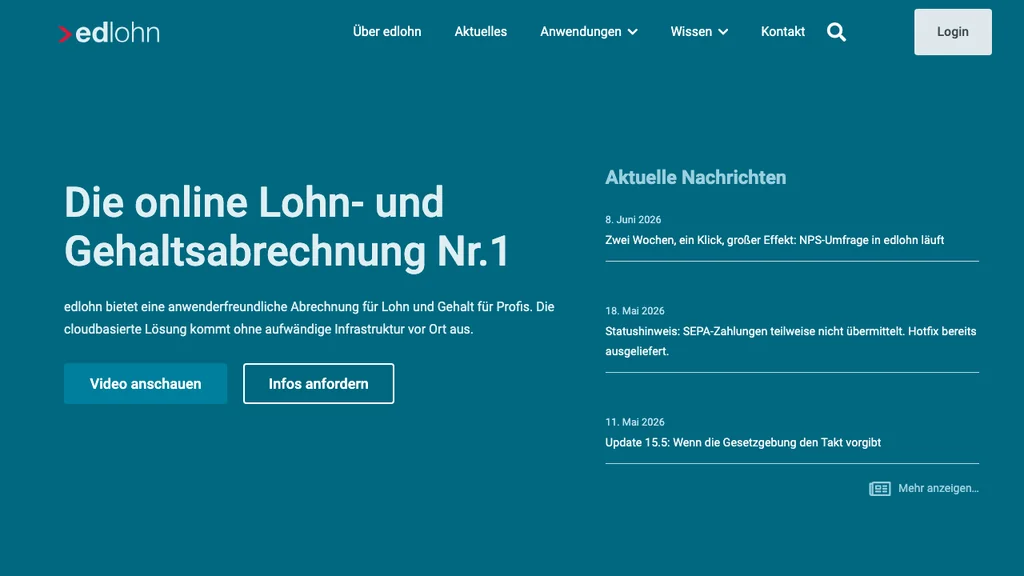 edlohn Lohnabrechnung: Cloud-Lohnsoftware Startseite (Screenshot Juni 2026)