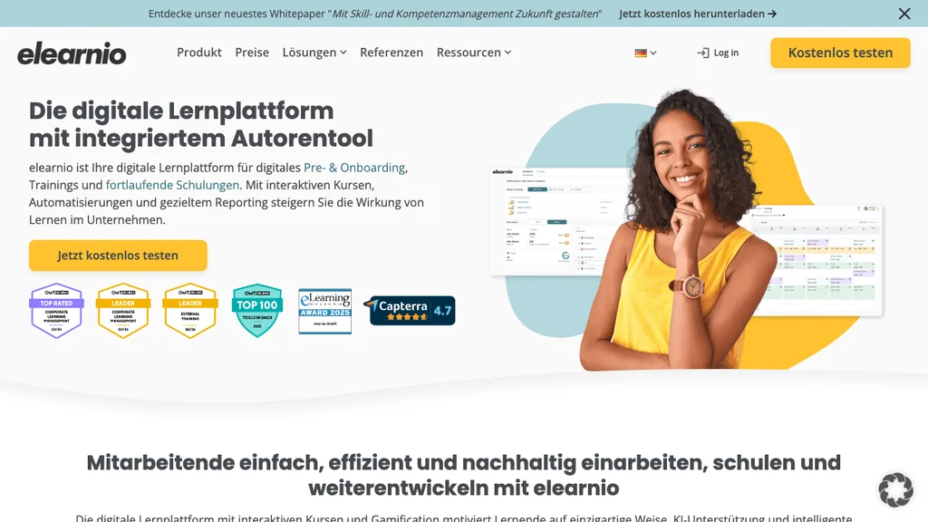 elearnio Onboarding-Software: Lernplattform Startseite (Screenshot Juli 2026)