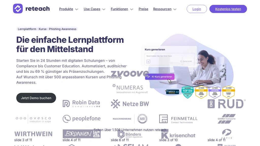 reteach Onboarding-Software: E-Learning Startseite (Screenshot Juli 2026)