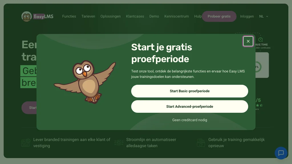 Easy LMS software homepage voor online trainingen (screenshot juli 2026)