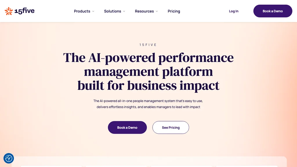 15Five continuous performance check-in software homepage (screenshot July 2026)