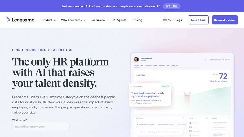 Leapsome performance review and goals software homepage (screenshot July 2026)