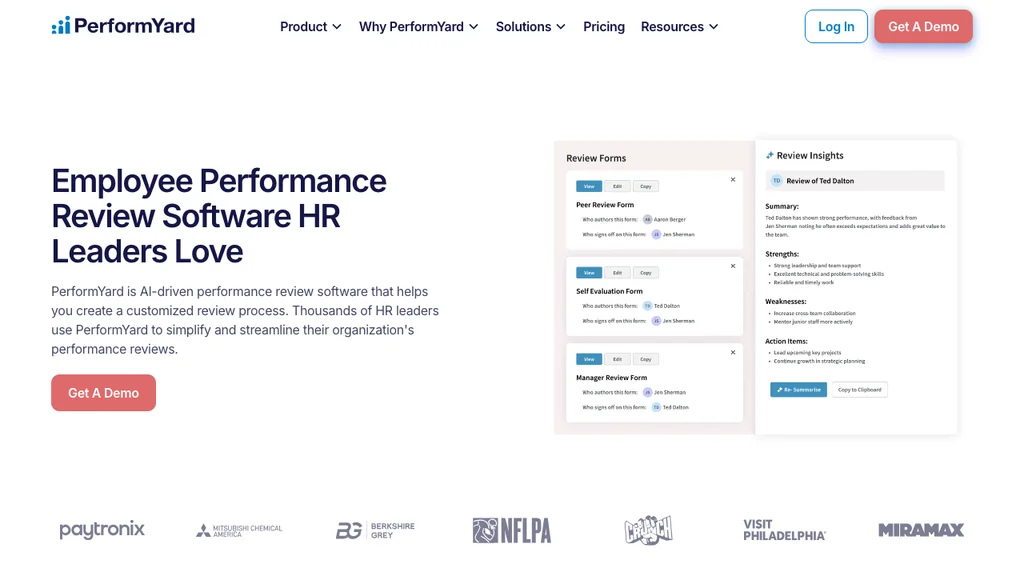 PerformYard structured performance review software homepage (screenshot July 2026)