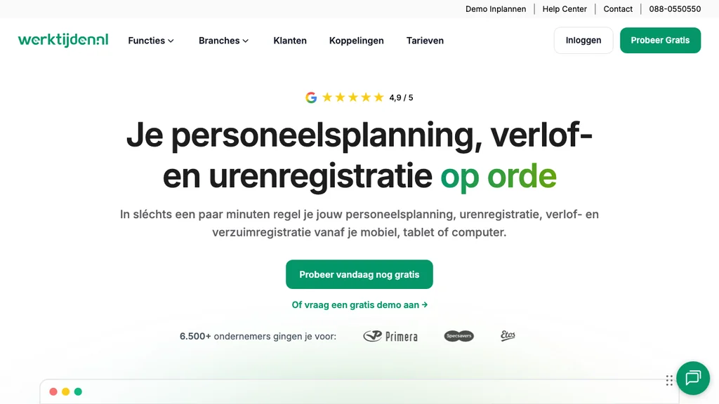 Werktijden.nl planning en rooster software homepage (screenshot juli 2026)