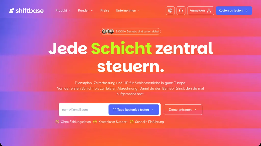 Shiftbase Mehrstandort-PEP: Startseite (Screenshot Oktober 2026)