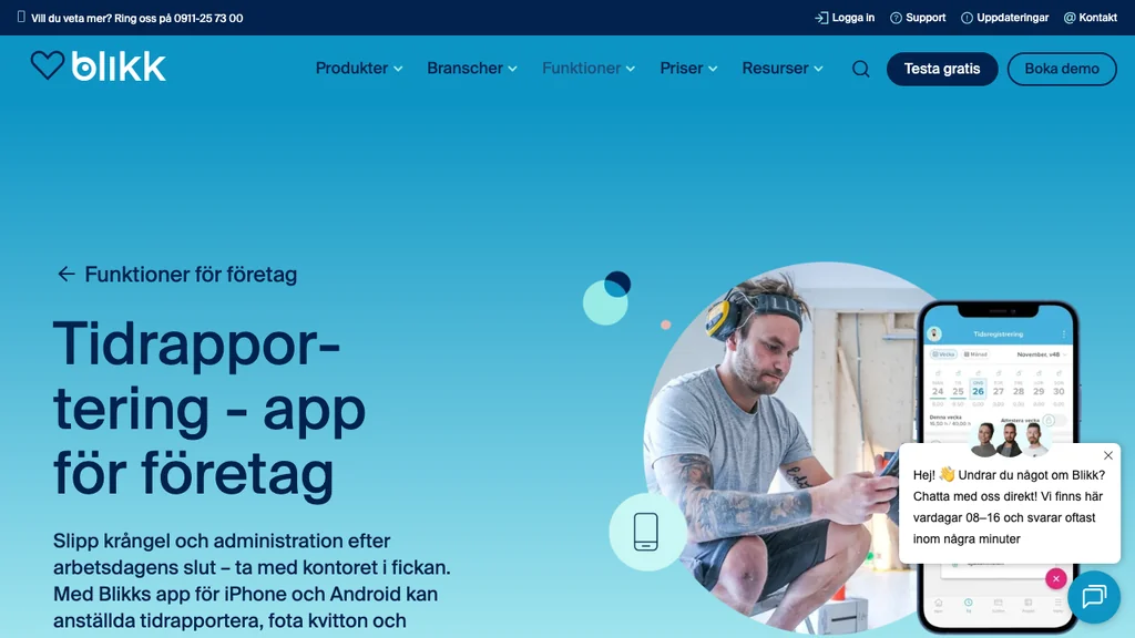 Blikk mobilapp för tidrapportering och kvitton (screenshot juli 2026)
