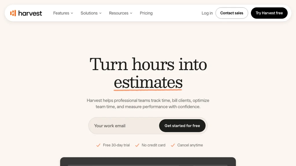 Harvest time tracking and invoicing homepage (screenshot July 2026)