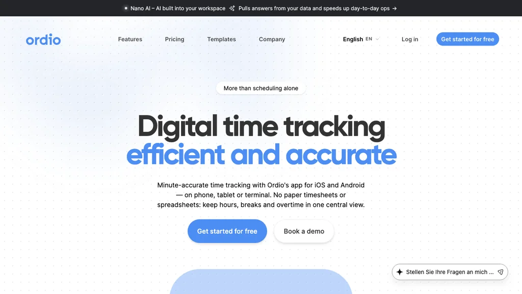 Ordio time tracking and shift scheduling homepage (screenshot July 2026)