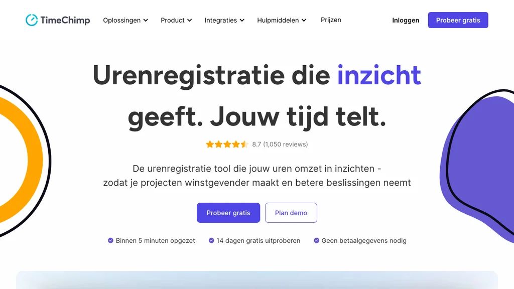 TimeChimp urenregistratie app homepage (screenshot juli 2026)