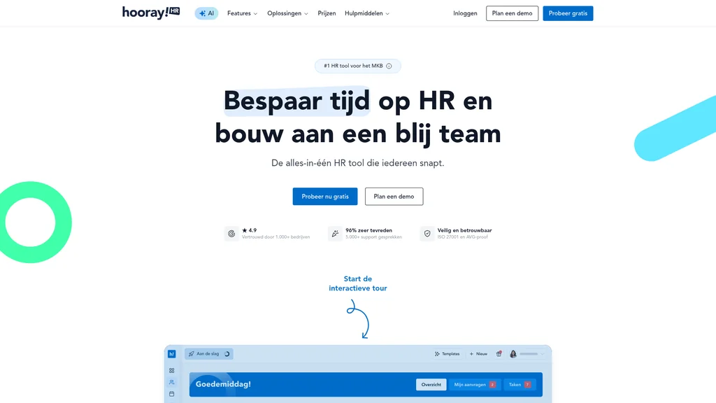 Hooray HR urenregistratie en HR software homepage (screenshot juli 2026)