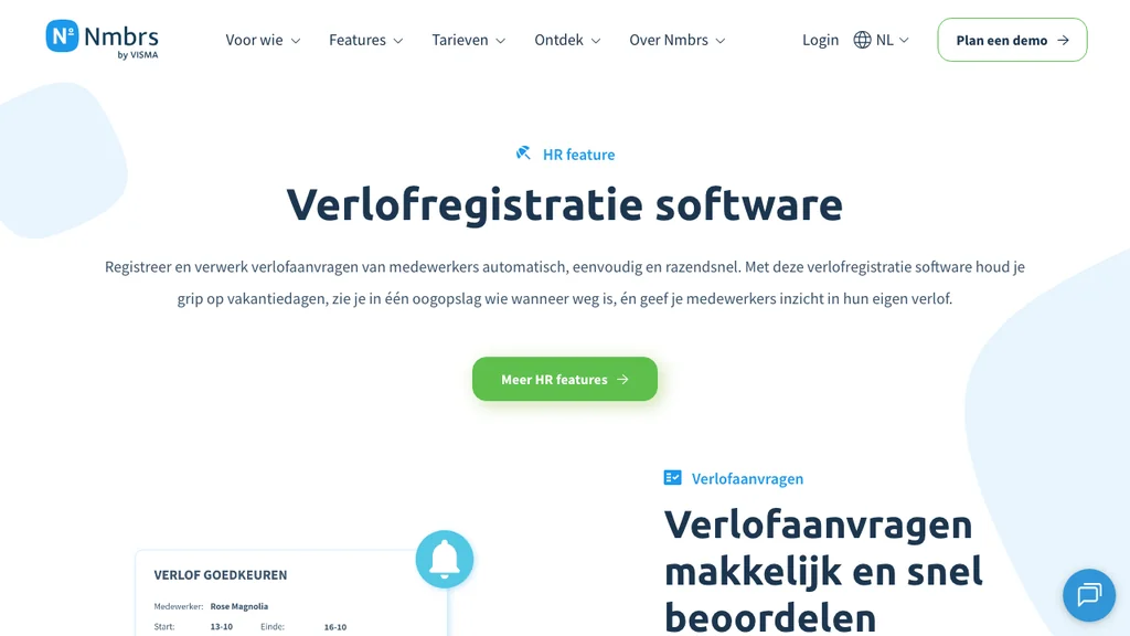 Nmbrs verlofregistratie software en payroll homepage (screenshot juli 2026)