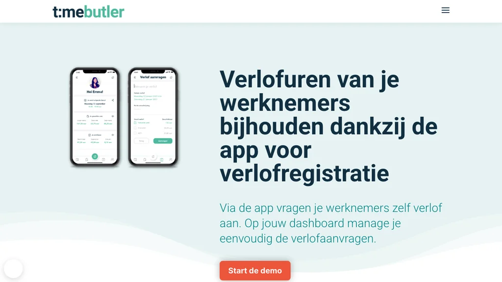 TimeButler verlofregistratie app en planning homepage (screenshot juli 2026)
