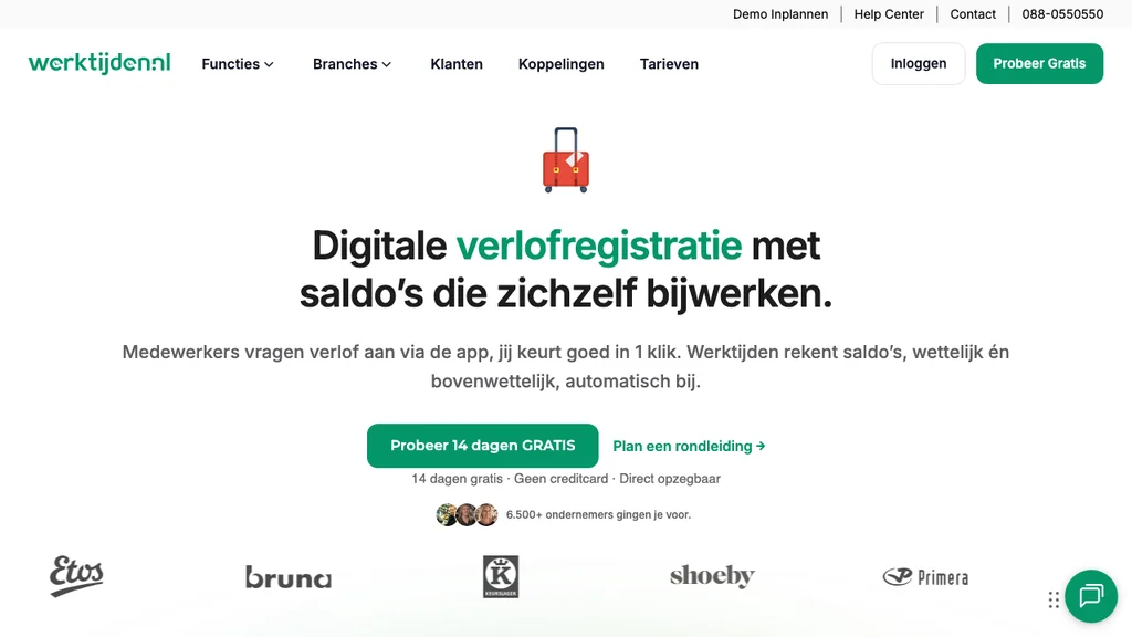 Werktijden.nl verlofregistratie en personeelsplanning homepage (screenshot juli 2026)