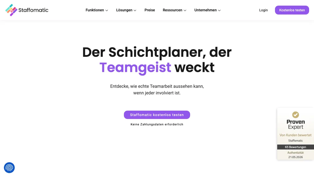 Staffomatic Workforce Management: Produktstartseite (Screenshot Juni 2026)