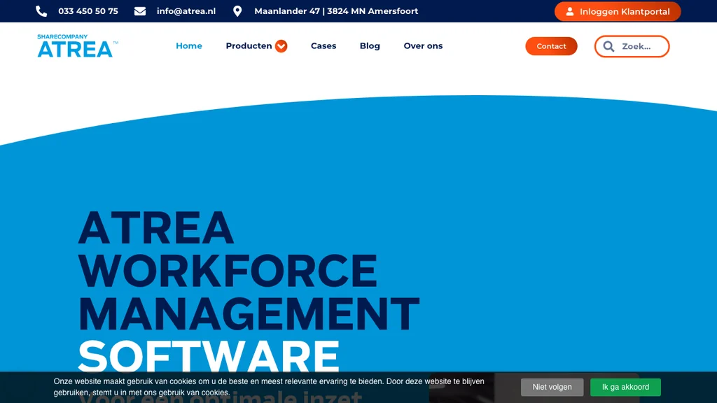 Atrea workforce management software homepage (screenshot juli 2026)