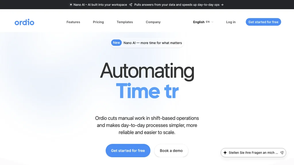 Ordio workforce management software homepage showing shift planning and time tracking (screenshot July 2026)