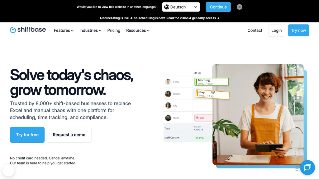 Shiftbase workforce management software homepage (screenshot July 2026)
