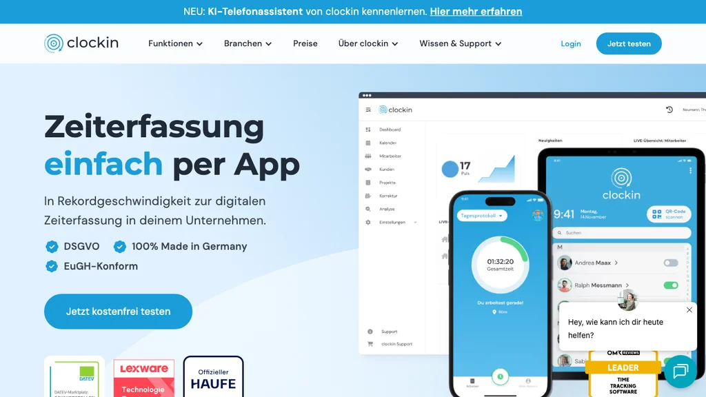 clockin Zeiterfassung: Mobile Stempeluhr Startseite (Screenshot Juni 2026)