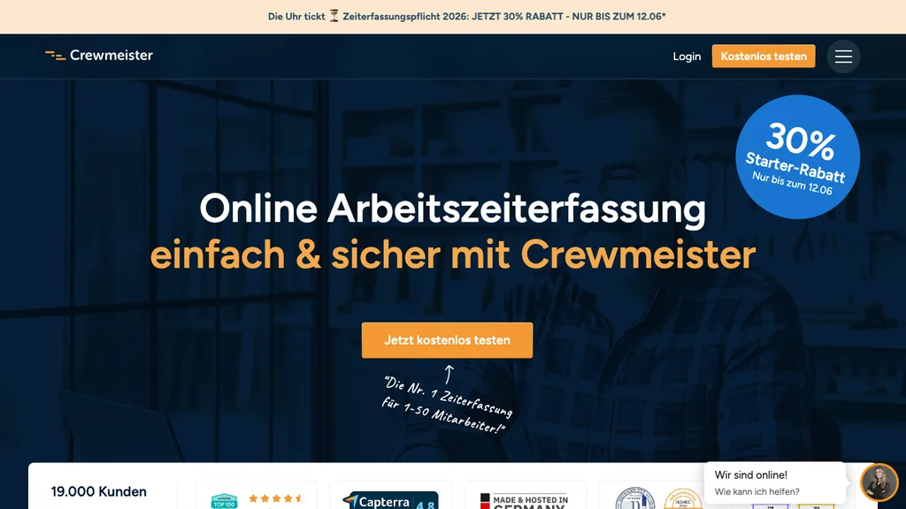 Crewmeister Zeiterfassung: Produktstartseite (Screenshot Juni 2026)