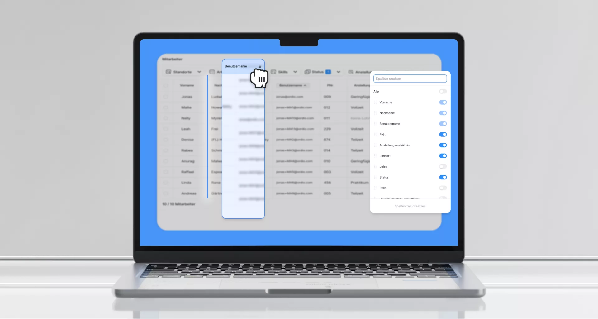 Spaltenansicht individuell konfigurieren — in Mitarbeiterliste und Arbeitszeiten