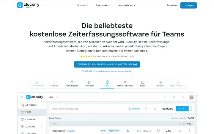 Clockify Benutzeroberfläche für Schichtplanung und Zeiterfassung im Vergleich mit Ordio
