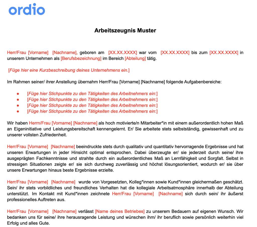 Arbeitszeugnis Vorlage