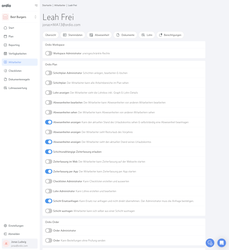 Ordio Mitarbeiter Berechtigungen